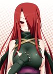  bad_id bad_pixiv_id bare_shoulders belt blush breasts fingerless_gloves fuuma_kotarou gloves hair_over_one_eye large_breasts long_hair nase no_bra red_eyes red_hair solo soukou_akki_muramasa torn_clothes 