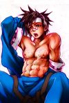  1boy after_sex aftersex anji_mito arc_system_works cum glasses guilty_gear lilysick male male_focus muscle nipples solo topless white_background yaoi 