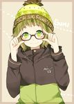  adjusting_eyewear bad_id bad_pixiv_id beanie bespectacled black-framed_eyewear border character_name glasses green_eyes green_hair gumi hat jacket looking_at_viewer pun2 short_hair smile solo vocaloid 