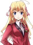  antenna_hair blonde_hair blue_eyes blush bow colorized fortune_arterial fujimo_nao hair_bow hair_ornament highres lips long_hair looking_at_viewer school_uniform sendou_erika smile solo upper_body 