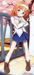  :&lt; amakase_miharu aratagawa_nikei blue_eyes blush_stickers crossed_arms da_capo da_capo_i frown gate hairband head_tilt long_image orange_hair ribbon school_uniform short_hair skirt solo standing tall_image tree 