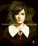  1girl alessa_gillespie black_hair brown_background brown_eyes closed_mouth english_text expressionless konami lips painterly painting_(medium) portrait realistic school_uniform short_hair signature silent_hill_(series) silent_hill_1 traditional_media yomi_abilgarma 