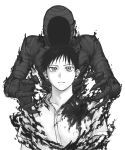  1boy ajin_(sakurai_gamon) black_materia collared_shirt gf_qv03 ghost greyscale hashtag-only_commentary highres ibm_(ajin) male_focus monochrome monster nagai_kei shirt short_hair solo summoning 