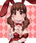  animal_ears bare_shoulders blush bow bowtie breasts brown_eyes brown_hair bunny_ears bunnysuit checkered checkered_background cleavage deep_skin extra k-on! landolt_tamaki large_breasts long_hair solo twintails wakaouji_ichigo wrist_cuffs 