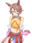  1girl animal_ears asymmetrical_clothes asymmetrical_pants bare_shoulders blue_eyes blush breasts brown_hair closed_mouth clothes_around_waist commentary_request denim ear_ornament fur-trimmed_jacket fur_trim hair_between_eyes highres horse_ears horse_girl horse_tail jacket jeans katuko_deluxe long_hair_between_eyes looking_at_viewer midriff narita_taishin_(nevertheless)_(umamusume) narita_taishin_(umamusume) navel off_shoulder open_clothes open_jacket pants pink_jacket shirt short_hair simple_background single_pantsleg small_breasts solo tail tank_top thighs tied_shirt torn_clothes torn_jeans torn_pants umamusume v-shaped_eyebrows white_background yellow_tank_top 