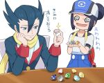  1boy 1girl @_@ backpack bag baseball_cap bettie_(pokemon) black_hair blue_eyes blue_hat blue_jacket blue_shorts blush closed_mouth commentary_request crystal diamond_(gemstone) grimsley_(pokemon) hair_between_eyes hair_bun hat highres holding jacket long_sleeves open_mouth pokemoa pokemon pokemon_masters_ex scarf shirt short_hair shorts single_hair_bun smile sweat white_shirt yellow_scarf 