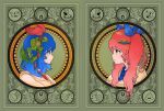  2girls alternate_costume art_nouveau blue_bow blue_eyes blue_hair border bow bow_headband circlet closed_mouth commentary_request cuphead cuphead_(game) explosive gold_circlet green_background green_border grenade hair_bow hair_ornament hairband jewelry leaf_hair_ornament light_smile long_hair looking_ahead mugman multiple_girls omega_ray omega_rio omega_sisters ornate_border otohime_(omega_sisters) pink_hair poop profile red_bow red_hairband round_border symmetry tanaka9jack twintails virtual_youtuber yellow_eyes 