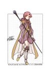  1girl belt ben-day_dots boots breasts cape closed_mouth commentary_request dated dress ethlyn_(fire_emblem) fire_emblem fire_emblem:_genealogy_of_the_holy_war full_body highres holding holding_staff knee_boots long_hair long_sleeves looking_at_viewer mage_staff medium_dress pink_dress pink_eyes pink_hair sayu030b screentones sidelocks signature simple_background small_breasts smile solo staff standing standing_on_one_leg two-tone_cape watermark white_background white_boots white_cape 