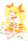  9aki blonde_hair bow choker cure_sunshine flat_chest heartcatch_precure! long_hair magical_girl myoudouin_itsuki nipple_slip nipples orange_bow orange_choker orange_eyes orange_skirt panties panty_pull precure skirt solo twintails underwear very_long_hair white_background yellow yellow_eyes 