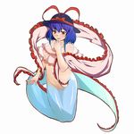  :d bangs blush bow breasts crop_top finger_to_mouth frills hat hat_bow hat_ribbon kneeling long_tail looking_at_viewer medium_breasts mermaid mole mole_under_mouth monster_girl nagae_iku navel nipples no_bra nude oarfish open_mouth purple_hair red_eyes ribbon seductive_smile see-through shawl shimuro_(mentsukidou) short_hair simple_background smile solo tail touhou white_background 