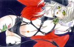  benio_(zone-00) demon_tail earrings green_eyes jewelry kujou_kiyo lock male_focus mole mole_under_mouth otoko_no_ko padlock solo tail tattoo thighhighs white_hair wings zone-00 