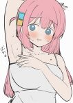  1girl absurdres ahoge arm_behind_head armpits bare_shoulders blue_eyes blush bocchi_the_rock! breasts commentary_request cube_hair_ornament dress dress_straps gotoh_hitori hair_ornament hand_up highres large_breasts long_hair looking_at_viewer open_mouth pink_hair simple_background sleeveless sleeveless_dress solo sunya_(honorin-yuunibo) sweat sweatdrop sweaty_armpits upper_body white_background white_dress 