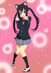  animal_ears black_hair brown_eyes cat_ears k-on! long_hair nakano_azusa neck_ribbon paw_pose red_ribbon ribbon school_uniform shoes solo take-zz twintails uwabaki 