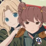  2girls akagi_(fmttps) alisa_(girls_und_panzer) bangs blonde_hair blue_eyes brown_eyes brown_hair closed_mouth commentary_request emblem eyebrows_visible_through_hair freckles frown girls_und_panzer green_jacket green_shirt hair_intakes hair_ornament half-closed_eyes hands_on_another&#039;s_shoulders jacket kay_(girls_und_panzer) lips long_hair looking_at_viewer multiple_girls portrait saunders_(emblem) shirt short_hair short_twintails smile star star_hair_ornament twintails twitter_username 