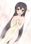  alternate_hairstyle bathroom black_hair blush brown_eyes covering dutch_angle embarrassed errant hair_down k-on! long_hair nakano_azusa nude nude_cover open_mouth round_teeth shower_head solo teeth towel very_long_hair wavy_mouth wet 