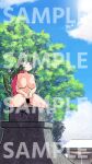  1girl :3 bar_censor blue_sky breasts carte censored clenched_hands closed_mouth cloud commentary_request commission completely_nude curly_hair exhibitionism green_eyes green_hair horns kneeling komainu_ears komainu_girl komano_aunn large_breasts long_hair midriff navel nipples nude outdoors outline pedestal public_indecency sample_watermark shrine single_horn sitting skeb_commission sky smile solo sparkle touhou translation_request tree wariza watermark white_outline 