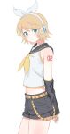 1girl absurdres aqua_eyes arm_warmers bass_clef black_arm_warmers black_shorts blonde_hair bow breasts hair_ornament hairclip headphones highres kagamine_rin looking_at_viewer navel neckerchief necktie number_tattoo ozeuuuuuuu shirt short_hair shorts simple_background small_breasts tattoo thighs vocaloid white_background white_bow white_shirt yellow_neckerchief yellow_necktie 