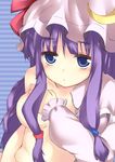  :&lt; bad_id bad_pixiv_id blue_eyes breasts covering covering_breasts crescent from_above haruyuki_(yukichasoba) hat long_hair medium_breasts nude patchouli_knowledge purple_hair solo touhou upper_body 