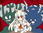  bow caved fujiwara_no_mokou hair_bow horns kamishirasawa_keine morichika_rinnosuke red_eyes sag_(karehabase) sharp_teeth silhouette teeth touhou white_hair 