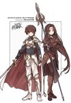  1boy 1girl altena_(fire_emblem) arm_guards armor ben-day_dots black_gloves black_thighhighs boots breastplate breasts brown_eyes brown_hair closed_mouth commentary dated elbow_gloves faulds fire_emblem fire_emblem:_genealogy_of_the_holy_war full_body gloves greaves headband highres holding holding_polearm holding_sword holding_weapon knee_boots leif_(fire_emblem) light_brand long_hair long_sleeves looking_at_viewer pants parted_bangs polearm red_armor sayu030b screentones shoulder_armor siblings signature simple_background small_breasts standing sword thighhighs vambraces watermark weapon white_armor white_background white_boots white_headband white_pants 