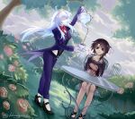  2girls absurdres black_hair blush_stickers breasts coattails commentary commission cup decantering dog english_commentary garden gloves high_heels highres holding holding_cup holding_saucer holding_teapot khaagora long_hair mirabelle_(mirabeau_studios) multiple_girls original outdoors pumps purple_suit saucer short_hair sitting small_breasts suit table tailcoat teacup teapot tiara twitter_username white_gloves white_hair 