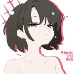  1girl bare_shoulders blue_archive brown_eyes brown_hair drop_shadow halo hashtag-only_commentary highres implied_nudity looking_at_viewer misaki_(blue_archive) parted_bangs parted_lips pink_halo pixel_art portrait short_hair simple_background slmnk10124 solo white_background 