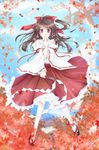  ascot bad_id bad_pixiv_id bow brown_hair clog_sandals detached_sleeves gohei hair_bow hakurei_reimu leaf maple_leaf ofuda ponytail red_eyes saya_(chocolate_capsule) solo touhou 