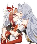  2girls ^^^ absurdres animal_ears biting_nose black_dress cat_ears chinese_clothes commentary_request dress fu_hua fu_hua_(fenghuang_of_vicissitude) gloves grey_hair herrscher_of_sentience highres honkai_(series) honkai_impact_3rd kemonomimi_mode long_hair multicolored_hair multiple_girls ramao24 red_eyes red_gloves red_hair simple_background two-tone_hair two-tone_shirt very_long_hair white_background white_hair yuri 