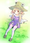  1girl animal_print blonde_hair blush brown_hat collarbone commentary_request frog_print grass hair_ribbon hat loafers long_hair long_sleeves looking_at_viewer moriya_suwako on_grass purple_skirt purple_vest red_ribbon ribbon shoes sitting skirt skirt_set solo tanasuke thighhighs touhou tress_ribbon vest white_thighhighs wide_sleeves yellow_eyes 