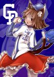  absurdres animal_ears bad_id bad_pixiv_id baseball bloomers brown_hair cat_ears cat_tail chen chunichi_dragons clothes_writing highres kuuichi09 looking_back multiple_tails nippon_professional_baseball short_hair solo tail touhou underwear zoom_layer 