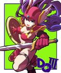  armor bikini_armor copyright_name dragon_quest dragon_quest_iii elbow_gloves gloves green_background helmet highres red_armor shield soldier_(dq3) sword unagiman weapon 