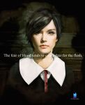  1girl alessa_gillespie black_hair brown_background brown_eyes closed_mouth english_text expressionless konami lips painterly painting_(medium) portrait realistic school_uniform short_hair signature silent_hill_(series) silent_hill_1 traditional_media yomi_abilgarma 