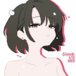  1girl bare_shoulders blue_archive brown_eyes brown_hair drop_shadow halo highres implied_nudity looking_at_viewer misaki_(blue_archive) no_halo parted_bangs parted_lips pixel_art portrait short_hair simple_background slmnk10124 solo white_background 