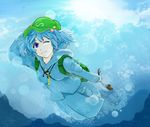  ash_(highactor) backpack bad_id bad_pixiv_id bag blue_eyes blue_hair cattail hair_bobbles hair_ornament hand_on_headwear hat kawashiro_nitori key lens_flare one_eye_closed plant short_hair solo touhou twintails two_side_up underwater 