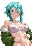  1girl ai-assisted aqua_hair armpit_crease bikini blue_eyes breasts collarbone commentary english_commentary fur-trimmed_jacket fur_trim green_jacket grin hair_ornament highres indy_k jacket looking_at_viewer lotion medium_breasts navel parted_lips short_hair sidelocks simple_background sinon smile solo stomach suggestive_fluid swimsuit sword_art_online upper_body variant_set white_background white_bikini 