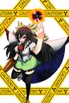  arm_cannon black_hair bow breasts cape hair_bow highres kurobane large_breasts long_hair open_mouth radiation_symbol radioactive red_eyes reiuji_utsuho skirt solo thighhighs third_eye touhou weapon wings 