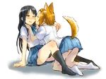  akiyama_mio animal_ears arm_support black_eyes black_hair black_legwear blush brown_hair closed_eyes fukutarou_(enji127) k-on! kemonomimi_mode kneehighs kneeling legs licking long_hair multiple_girls no_shoes one_eye_closed ribbon school_uniform short_hair sitting skirt socks tail tainaka_ritsu tongue white_legwear wince yuri 