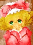 bad_id bad_pixiv_id blonde_hair bow covering_mouth curly_hair dress frills green_eyes hair_bow hina_ichigo lace looking_up minchu pink_bow rozen_maiden short_hair solo 