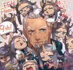  1boy 1girl anniversary armor black_eyes black_hair blue_cape blue_eyes blue_scarf blush cape chibi closed_eyes closed_mouth commentary_request copyright_notice crown crying dark-skinned_female dark-skinned_male dark_skin dedue_molinaro dedue_molinaro_(timeskip) fire_emblem fire_emblem_heroes floating_staff flying_sweatdrops fur_trim gold_trim heterochromia highres long_hair looking_at_viewer multiple_scars multiple_views official_artist_extra open_mouth ponytail red_eyes robe scar scar_on_chin scar_on_face scar_on_forehead scarf signature simple_background smile so-taro sparkle staff star_(symbol) sweat vanitas_(fire_emblem) very_long_hair white_fur white_hair white_robe 