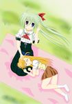  blue_eyes blush einhart_stratos green_hair heterochromia highres lyrical_nanoha mahou_shoujo_lyrical_nanoha mahou_shoujo_lyrical_nanoha_vivid purple_eyes skirt sleeping twintails vivio 