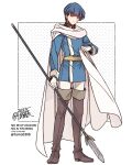  1boy belt ben-day_dots blue_coat blue_eyes blue_hair boots brown_belt brown_boots cape closed_mouth coat dated finn_(fire_emblem) fire_emblem fire_emblem:_genealogy_of_the_holy_war full_body gloves highres holding holding_polearm holding_weapon long_sleeves looking_at_viewer male_focus polearm sayu030b screentones short_hair sideways_glance signature simple_background solo standing thigh_boots tunic watermark weapon white_background white_cape white_gloves 