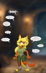 2025 5:8 after_transformation anthro blonde_hair blurred_background breasts clothing dialogue digital_media_(artwork) english_text female hair hi_res jak_and_daxter mammal mustelid naughty_dog offscreen_character open_mouth ottsel ponytail runningtoaster shirt shocked solo sony_corporation sony_interactive_entertainment standing tail text topwear torn_clothing