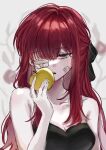  1girl apple bandaid bandaid_on_cheek bandaid_on_face blurry blurry_background breasts cleavage commentary_request food fruit gauze gauze_over_eye grey_eyes hair_intakes hair_ribbon half-closed_eyes half_updo highres holding holding_food holding_fruit korean_commentary limbus_company long_hair open_mouth project_moon red_hair ribbon solo strapless wwwww_910 yuri_(project_moon) 