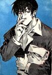  1boy bag blue_background collared_shirt commentary double-parted_bangs english_commentary greyscale_with_colored_background hand_on_own_face highres holding iria_arts jacket layered_sleeves long_sleeves looking_to_the_side male_focus nicholas_d._wolfwood open_clothes open_shirt paper_bag shirt sideways_glance simple_background solo trigun upper_body 
