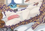 2_tails animal_print bed bedding belly blanket cheetah_print erection frantzez_(frantzez) furniture hi_res lying male mothaala multi_tail nintendo on_back on_bed pokemon sergal solo tail white_belly window