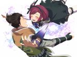  1boy 1girl black_hair blush bracelet cape coat eyes_closed female fingerless_gloves gloves hairband happy hara_kazi hosokawa_gracia jewelry male open_mouth red_hair saika_magoichi sengoku_musou sengoku_musou_2 sengoku_musou_3 short_hair thighhighs white_legwear white_thighhighs 