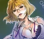  bad_id bad_pixiv_id bangs bare_shoulders blonde_hair blunt_bangs blush bra breasts brown_eyes chalkboard cleavage collared_shirt dutch_angle glasses jewelry lace lace-trimmed_bra large_breasts lingerie lipstick looking_at_viewer makeup mature mole mole_under_mouth neck_ribbon necklace open_clothes open_shirt original outline pointer purple_bra red_lipstick ribbon rimless_eyewear sakichi_funaya shirt short_hair sketch sleeveless sleeveless_shirt smile solo teacher unbuttoned underwear untied upper_body venus_symbol white_shirt 