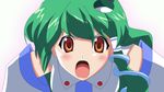  anime_coloring annoyed chi_shu close-up green_hair kami_nomi_zo_shiru_sekai kochiya_sanae leaning_forward looking_at_viewer open_mouth orange_eyes parody shouting solo style_parody touhou 