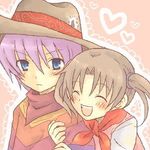  artist_request blue_eyes blush brown_hair cowboy_hat eyes_closed harvest_moon harvest_moon:_magical_melody hat jamie_(harvest_moon) lowres poncho purple_hair tina_(harvest_moon) 