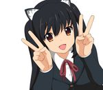  :d a1 animal_ears black_hair blazer brown_eyes cat_ears double_v jacket k-on! long_hair nakano_azusa neck_ribbon open_mouth red_ribbon ribbon school_uniform simple_background smile solo twintails upper_body v 